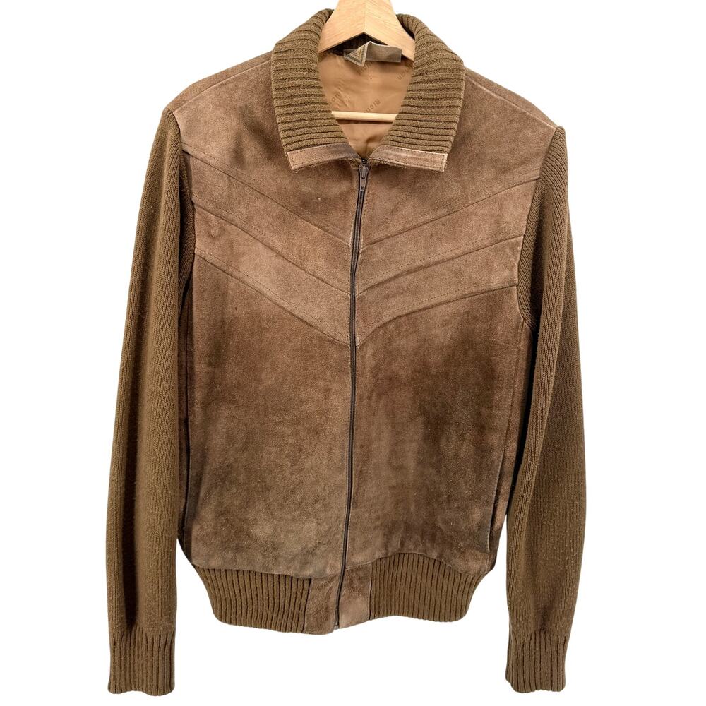 Vintage 70s Richman Brown Genuine Leather Knit Western Bomber Jacket